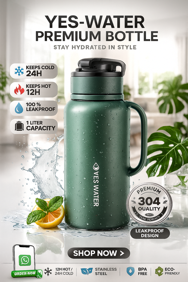 Green insulated bottle with handle, featuring Yes-Water branding and product features on a white background.