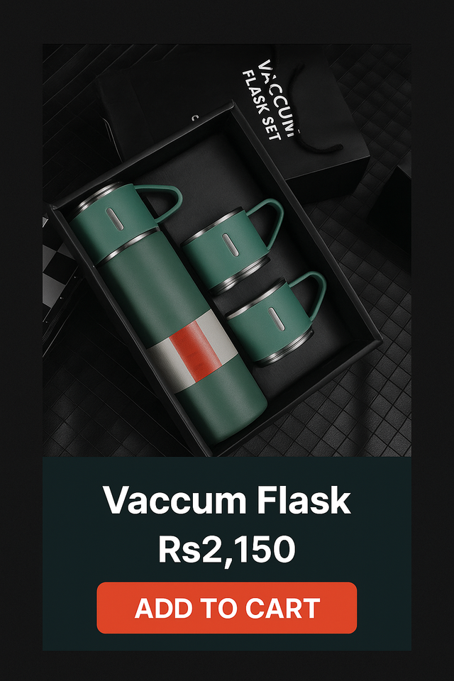 Vacuum flask set with two mugs in a black box on a dark background