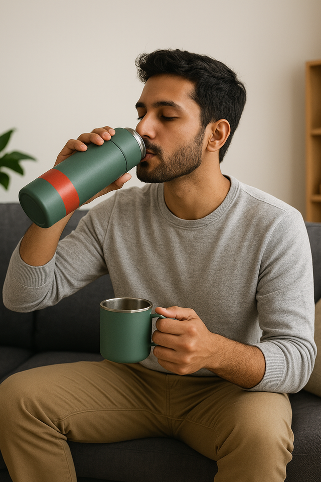 Man sitting on a couch drinking from a green thermos.