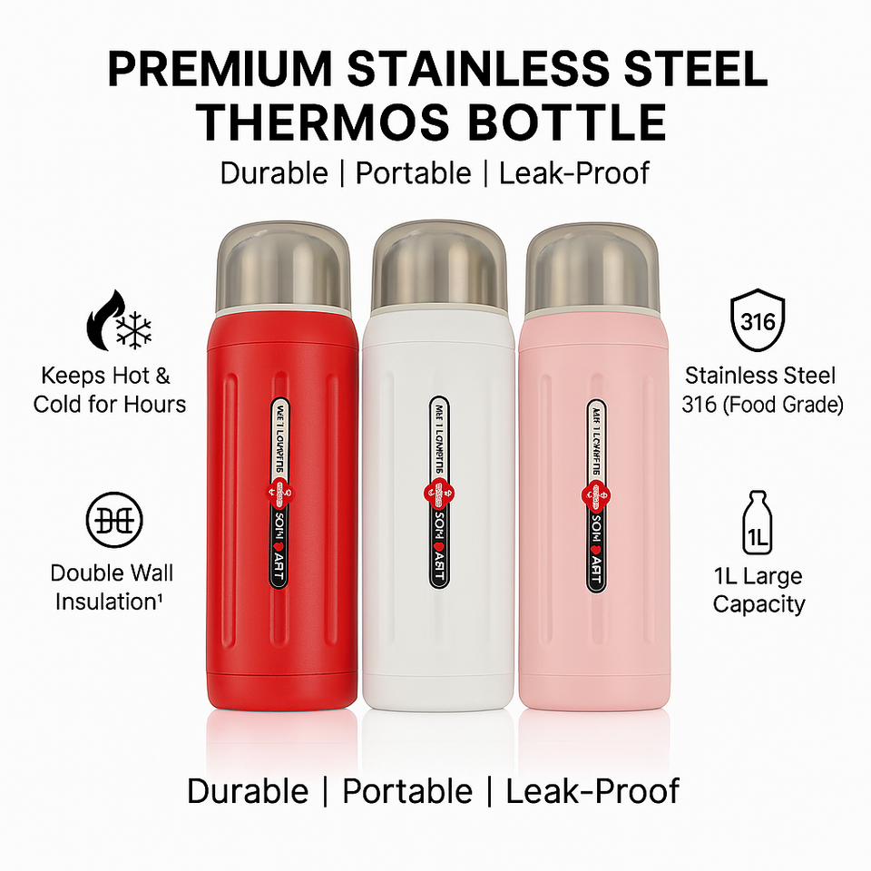 Premium Stainless Steel Thermos Bottle – 1L | Hot & Cold, Leak-Proof, Double Wall Insulated Flask