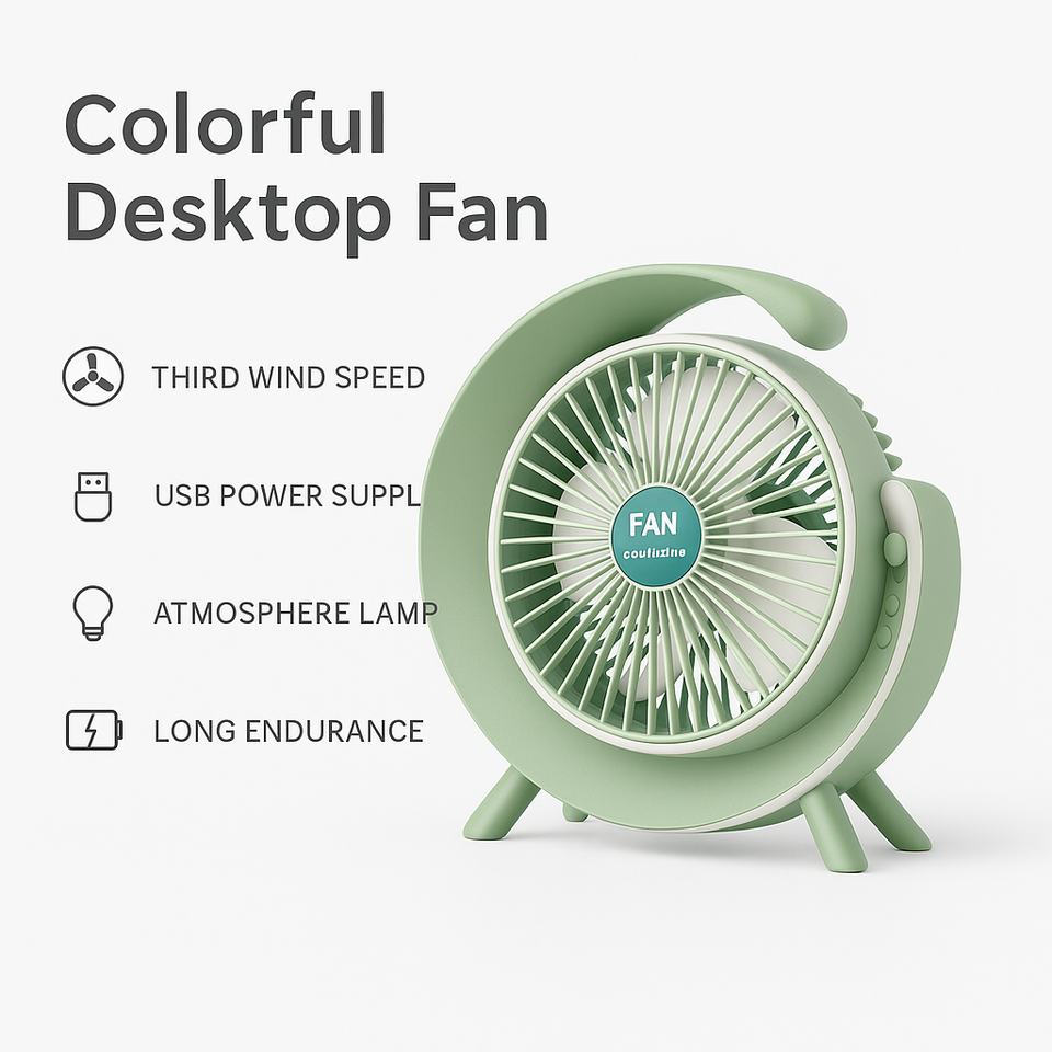 Colorful Desktop Fan with LED Atmosphere Lamp – Portable USB Powered Silent Cooling Fan for Home, Office, Bedroom, Study Table