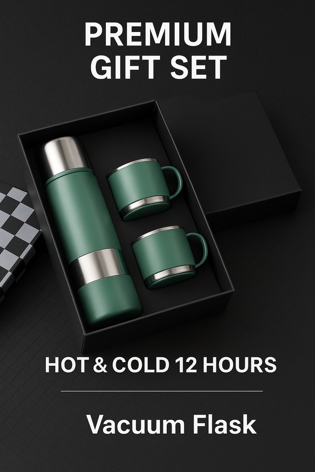 Green vacuum flask and mugs set in a black box with text on a dark background