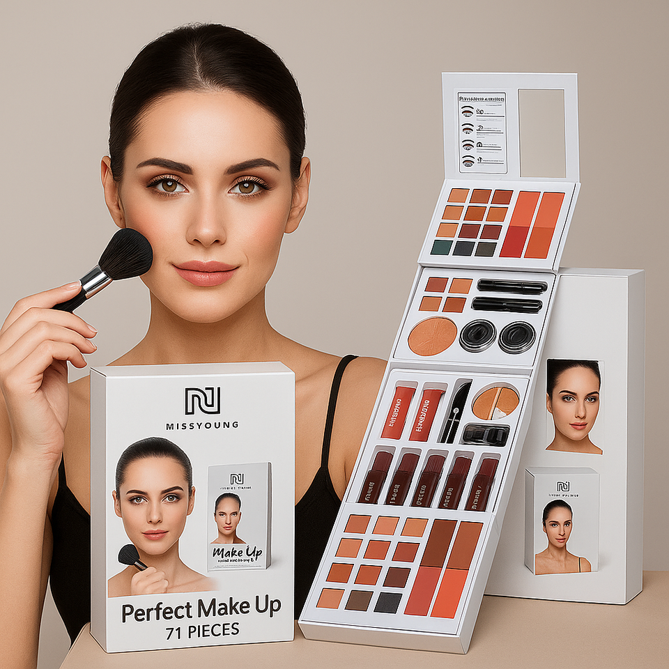 Woman holding a makeup brush with a MissYoung makeup set displayed