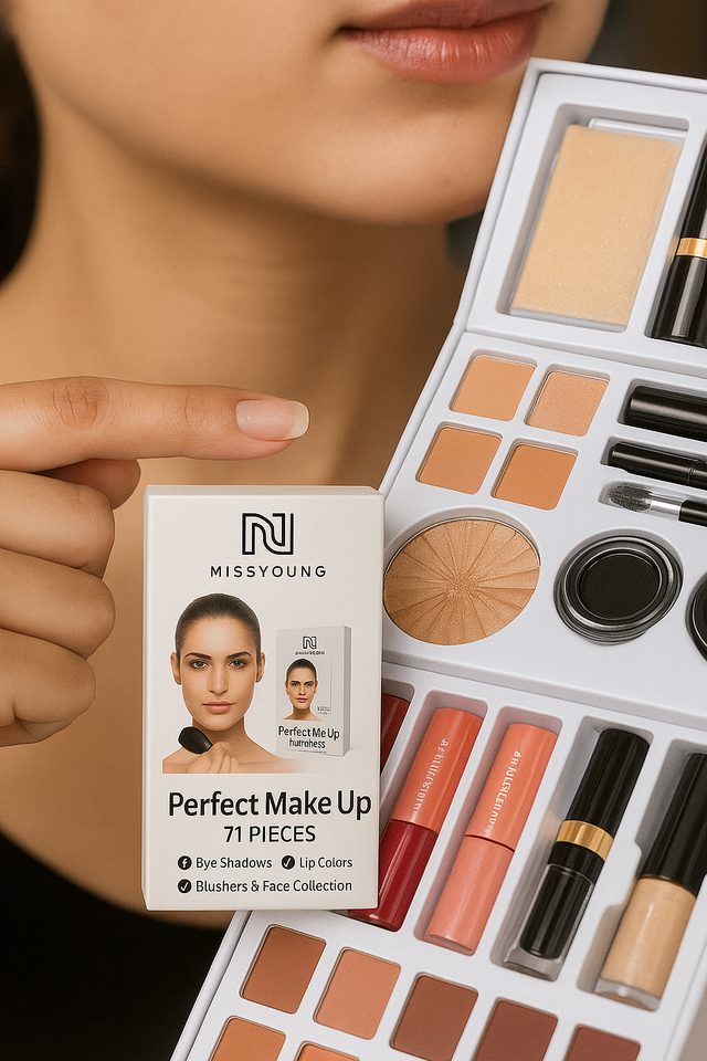 Makeup set with various products including lipsticks and brushes, held by a person.
