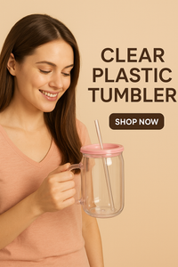 Woman holding a clear plastic tumbler with a pink lid and straw, on a beige background.