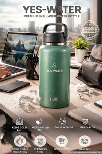 Green insulated water bottle with 'YES-WATER' branding on a desk with laptop and accessories.