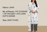 Unstitched lawn outfit with shirt, dupatta, and trousers on a beige background