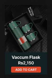 Vacuum flask set with two mugs in a black box on a dark background