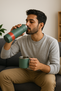 Man sitting on a couch drinking from a green thermos.