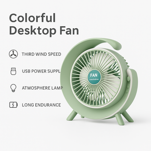 Colorful Desktop Fan with LED Atmosphere Lamp – Portable USB Powered Silent Cooling Fan for Home, Office, Bedroom, Study Table